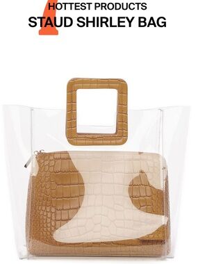 STAUD Clear PVC Tote with Tan Croc-Effect Pouch and Square Handles